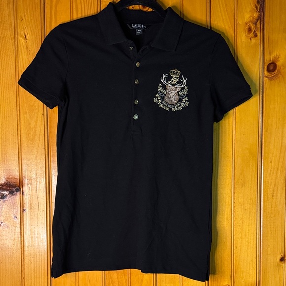 Lauren Ralph Lauren Tops - Lauren Ralph Lauren Black Polo with Embroidered Crest Vintage Black Label RARE